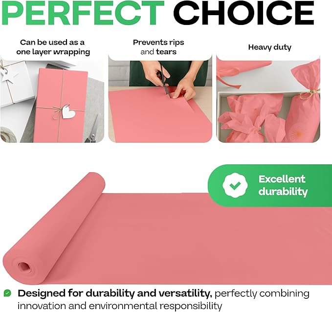 12" x 1200" (100 ft) Pink Kraft Paper Roll, Pack of 2 - USA-Made Quality Craft Paper for Gift Wrapping, Kids' Arts & Crafts, School Projects - 100% Recycled, 50 lb Natural Material by IDL Packaging