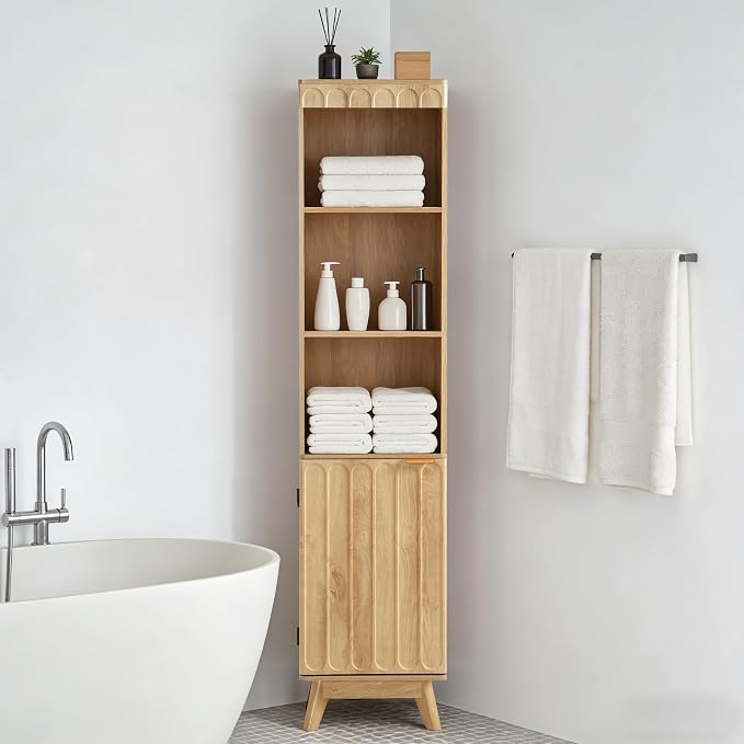 71" Tall Narrow Bathroom Storage Cabinet with Door, Small Fluted Cabinet with Adjustable Shelves & 3-Tier Open Shelf, Modern Freestanding Slim Organizer for Space Saving Living Room Kitchen (Natural)