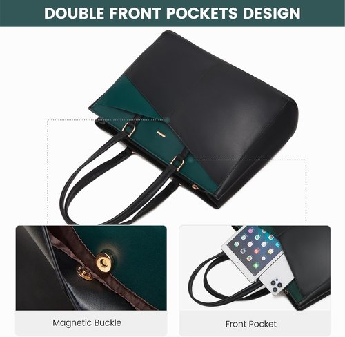 LOVEVOOK Laptop Bag - Waterproof Leather Tote for Women | 15.6 Inch Briefcase in Black/Green