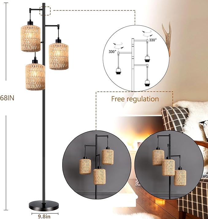 QIYIZM Floor Lamp for Living Room,Bedroom,3-Lights Boho Rattan Tree Floor Lights,Industrial Black Farmhouse Standing Lamp Wicker Rustic Tall Lamp,Woven Bamboo LampShade Floor Lamps Bohemian