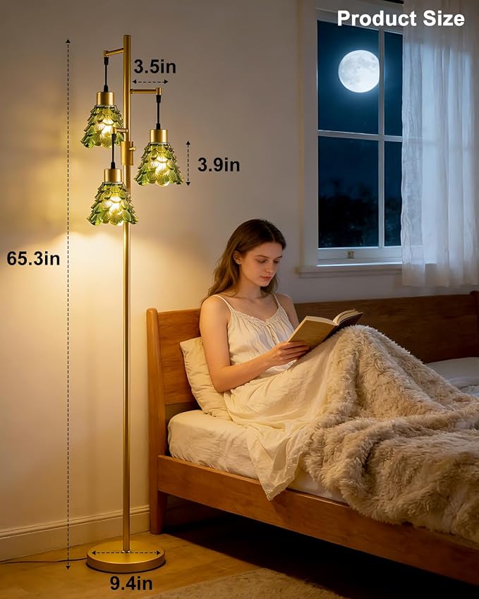 Lightdot 67" Green Glass Floor Lamps for Living Room 3-Light Dimmable Floor Lamp with Glass Shade& Bulbs Included, Mid Century Standing Tall Lamp with 5Lbs Heavy Base for Bedroom/Sofa Beside-Gold