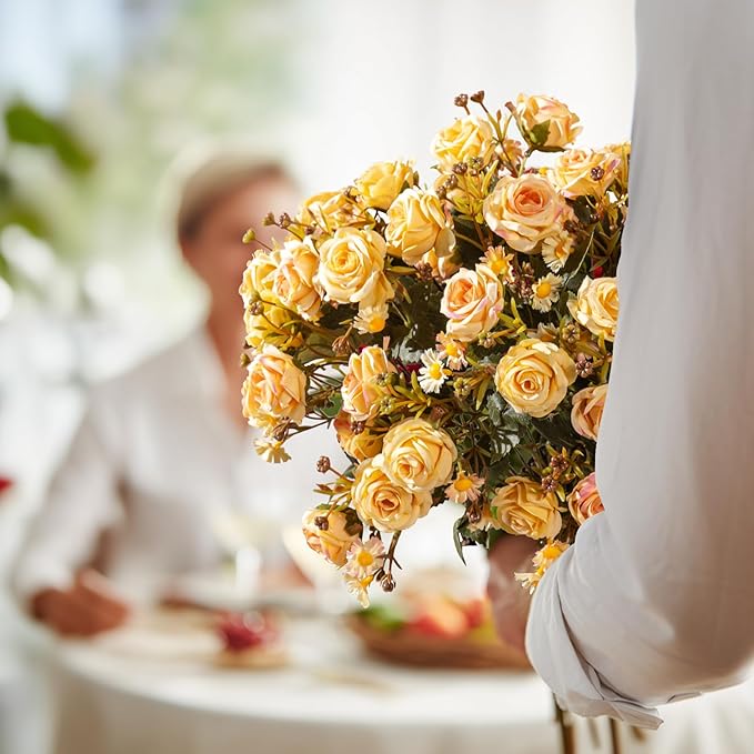 Artificial Rose Flowers for Outdoor 4 Bundles Rose Bouquet with Daisy Faux Flowers UV Resistant for Home Indoor Outside Garden Porch Window Box Balcony Yard Porch Fall Decor (Yellow)