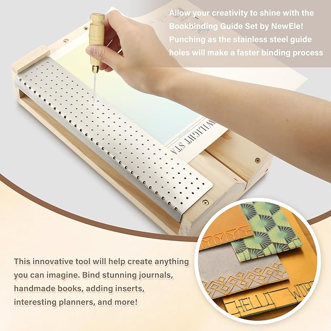 Bookbinding Punching Cradle Set, Includes Dual-Use Piercing Guide, with a Awl(Wooden-Handled) - Signature Holes Punch for Books Cover, Journal, Mini Albums, Notebooks DIY Crafts