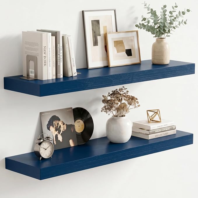 fuqing Dark Blue Floating Shelves | 24 Inch Floating Shelves for Wall Set of 2 | 24" W x 6.7" D x 1.4" H Blue Shelves for Bathroom Living Room Bedroom Kitchen