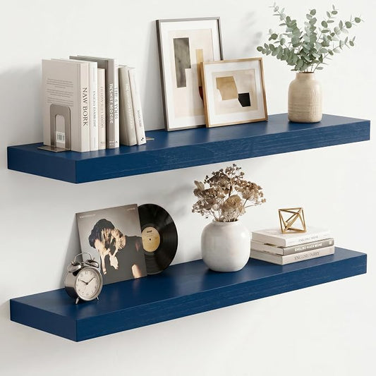 fuqing Dark Blue Floating Shelves | 24 Inch Floating Shelves for Wall Set of 2 | 24" W x 6.7" D x 1.4" H Blue Shelves for Bathroom Living Room Bedroom Kitchen