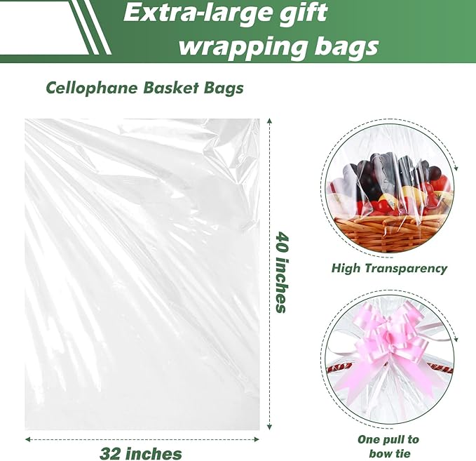 30 Packs 32 x 40 Inches Gift Wrap Cellophane Bags for Basket Extra-large Jumbo Clear Cellophane Wraps Clear Huge Cello Bags for Basket, Gift, Christmas Tree, Art and Craft, 30ct Light Pink Ribbon Bows