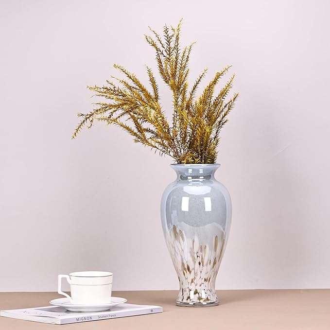 11.8" Tall Blue and White Glass Vase Beautiful Hand Blown Glass Vase Modern Art Home Decor, Wide Mouth Colorful Vases for Mantle Dining Table Centerpiece, Entryway Living Room Wedding Decoration