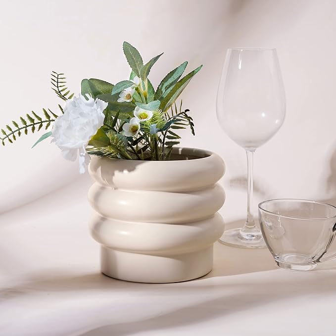 Tiered Bubble Ceramic Plant Pot, Creamy White 6 Inch Ceramic Planter with Drainage Holes, Flower Pot with Mesh Pad, Rubber Plugs, Plante Pots for Indoor Plants Outdoor, Modern Décor