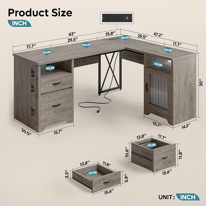 Bestier Farmhouse L Shaped Desk with Drawers, 63" x 47" Office Computer Desk with Charging Station & Fluted Storage Cabinet, Corner Desk with File Drawers, Modesty Panel for Home Office, Grey