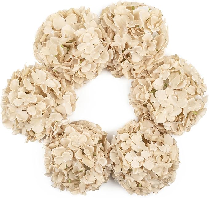 DuHouse 8.7" Silk Hydrangea Flower Heads with Stems Fake Hydrangeas Flowers for DIY Wedding Centerpiece Home Decor, Pack of 6(Sand)
