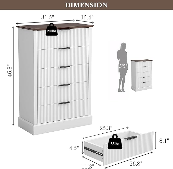 Dresser for Bedroom with 5 Fluted Drawers, 31.5" Wide Chest of Drawers with Mid-Century Design, Wood Dresser for Closet with Metal Handle, White