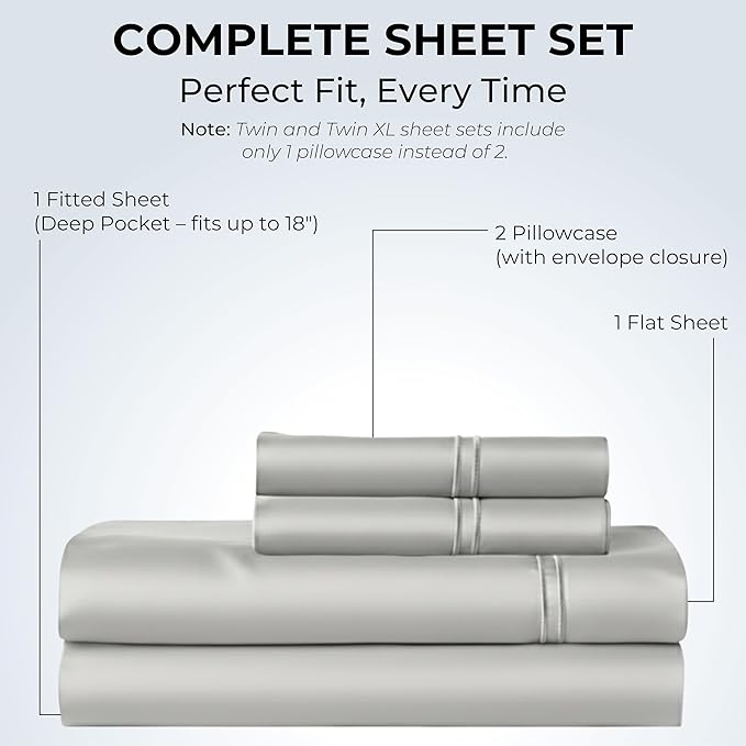 100% Natural Cotton Sheets Queen Size Bed Set | 500 TC Single-Ply Sateen Weave | Soft, Breathable, Hypoallergenic Solid 4-Piece Bedding with Deep Pocket Fitted, Flat, Pillowcase | Grey