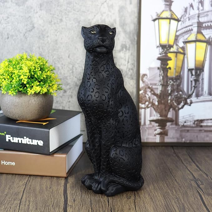 Cheetah Statue Black Panther Black Leopard Statue 11”H Resin Modern Animal Sculpture Figurine Desktop Table Top Decoration for Home Office Decor
