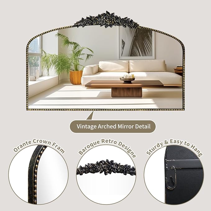Antique Black Arched Mirror 48"x30", Victorian Vintage Black Mirrors with Ornate Metal Frame, Baroque Mirrors for Fireplace/Entryway/Dining Room/Living Room/Bathroom