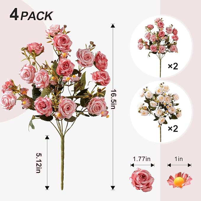 Artificial Rose Flowers for Outdoor 4 Bundles Rose Bouquet with Daisy Faux Flowers UV Resistant for Home Indoor Outside Garden Porch Window Box Balcony Yard Porch Decor (White+Pink)