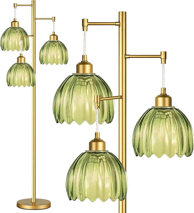 Glass Floor Lamp for Living Room,Bedroom,Gold Mid Century Modern Standing Lamp Brass Tree 3 Light Tall Floor Lamps Vintage Retro Floor Lights Green Flower Lamp Shade Farmhouse Boho Bohemian
