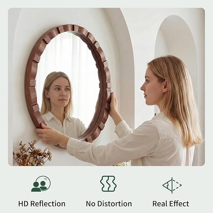 Round Wood Wall Mirror - 31.5" Farmhouse Rustic Wall Decorative Mirrors, Wooden Circle Boho Accent Mirror for Living Room, Bedroom, Bathroom, Entryway, Hallway, Fireplace (Walnut)