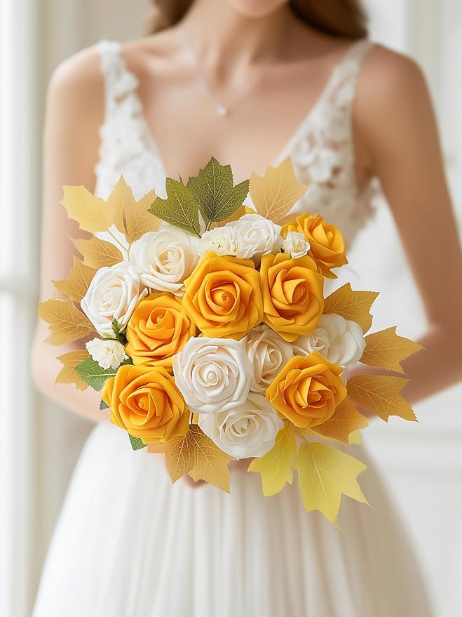 InnoGear Artificial Flowers, 50 Pcs Yellow Foam Fake Roses Bulk with Stems for Autumn Fall Decoration DIY Wedding Bouquets Centerpieces Bridal Shower Party Christmas Tree