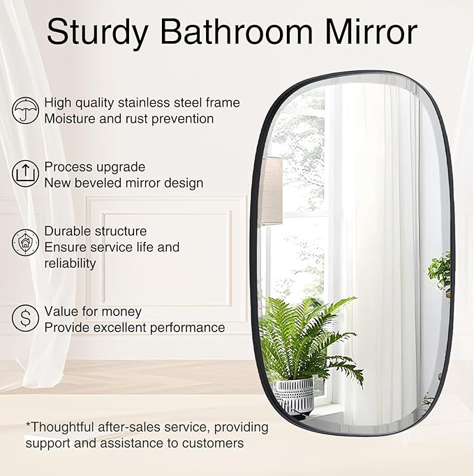 POZINO Rectangle Beveled Mirror, 24"x40" Modern Vanity Mirror with Stainless Steel Frame, Modern Oblong Wall Mirrors for Living Room Bathroom Bedroom Entryway, Hangs Vertically or Horizontally ﻿