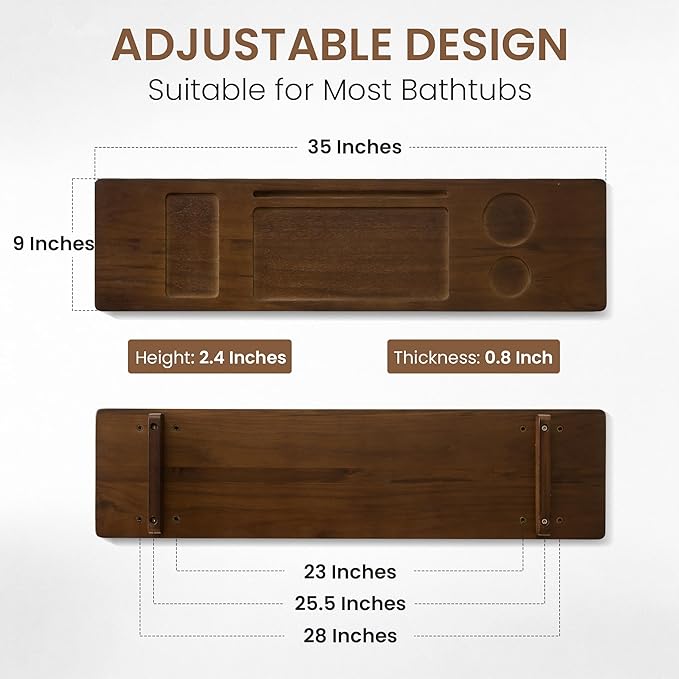 Teak Bathtub Tray - Wood Bath Caddy Tray 35" for Large Tubs - Adjustable Bathtub Table Trays - Luxury Shower Organizer for Home Spa Relaxation and Reading - Dark Walnut Color