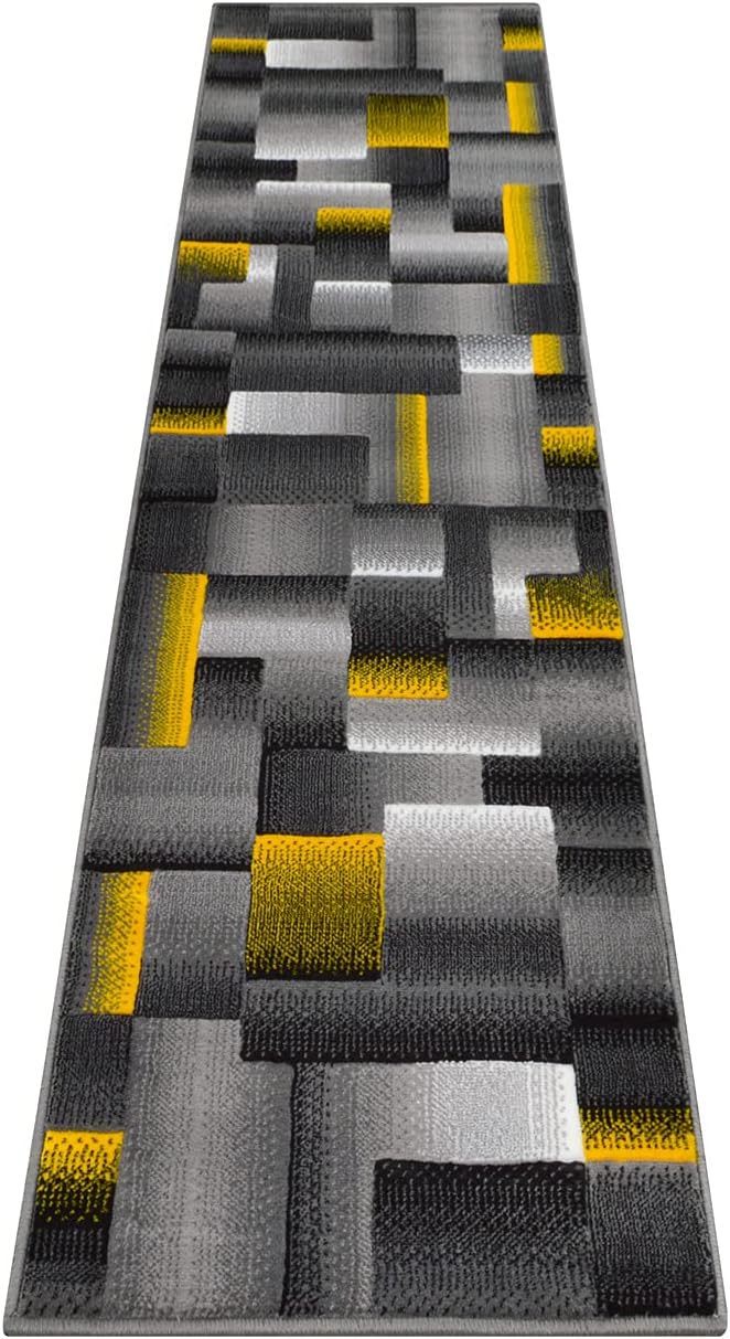 HR Runner Rug in Orangish Yellow - Premium Quality Orangish Yellow/Black/Gray Abstract Geometric Modern Squares Pattern Area Rug - Contemporary Styling for Hallway Entryway