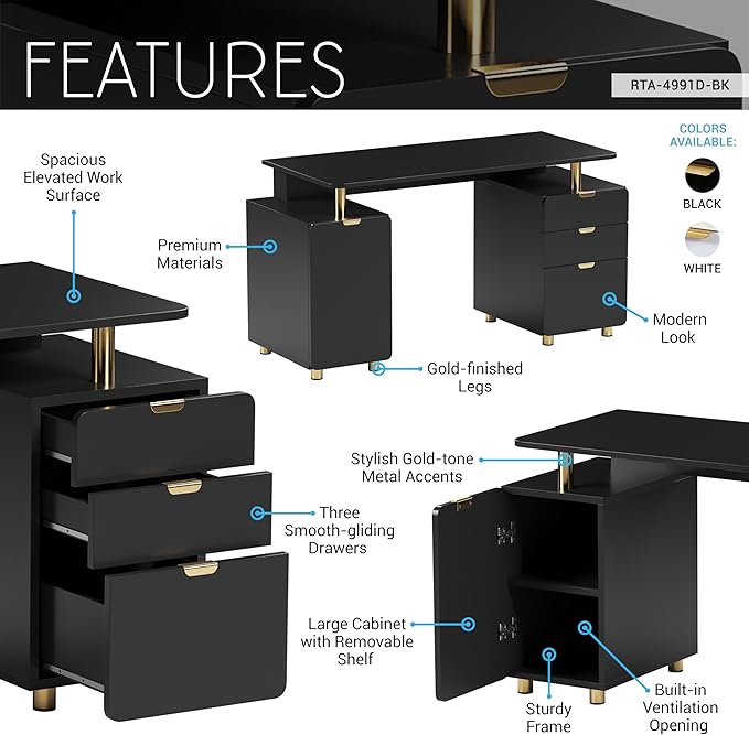 Elegant 56.75" W Executive Desk with 3 Drawers and Storage Cabinet, Modern Office Desk with Gold Accents, Floating Work Surface, Closed Storage with Ventilation & Adjustable Shelf (Black,Gold)