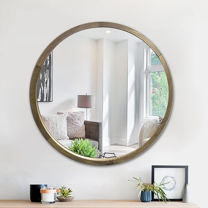 Handcrafted Decorative Pure Wooden Mirror for Wall Décor (28 inches, Natural Brown)