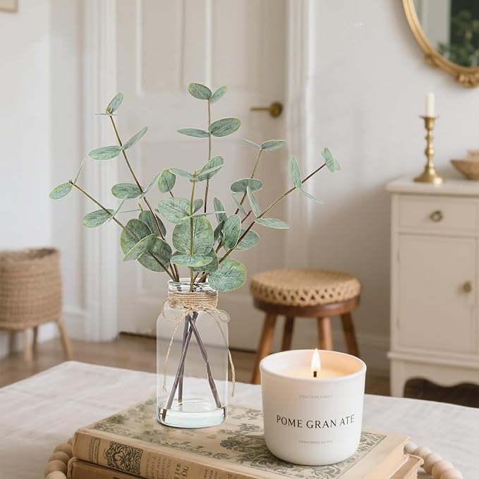Artificial Eucalyptus Stems in Glass Vase with Faux Water, 15" Eucalyptus Fake Plants with Double-Sided Green Leaves for Home, Bathroom, Office, Farmhouse, Shelf Coffee Table Decor