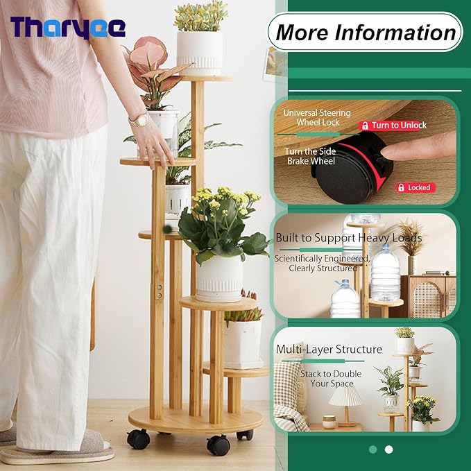 5 Tier Plant Stand Indoor, Wood Plant Shelf Corner Display Rack with Wheels, Multiple Plants Ladder Holder for Living Room Balcony Bedroom Garden Patio (Wood Color, 5 Tier)