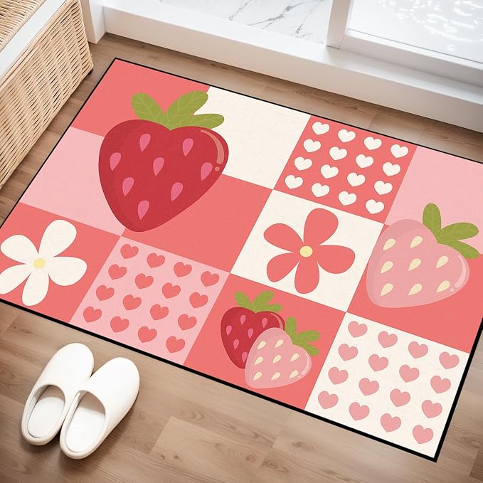 Strawberry Checkered Rug Cute Red Area Rug Love Flower Washable Carpet for Entryway Bedroom Living Room Kitchen Nursery Home Decor Soft Non Slip Floor Mat，2'x3'
