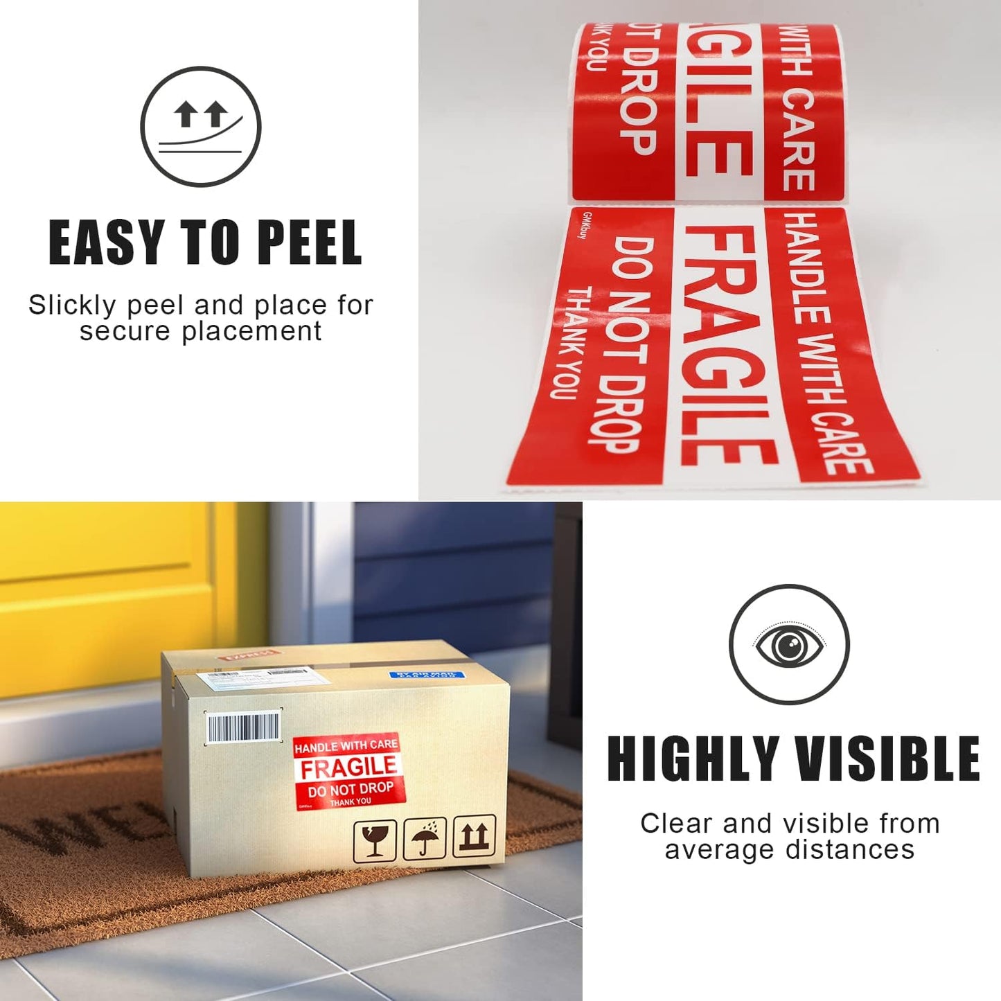 Skiennix Fragile Stickers - 100 Easy Tear, Permanent Adhesive Labels | 4 x 6 Inch for Shipping & Moving