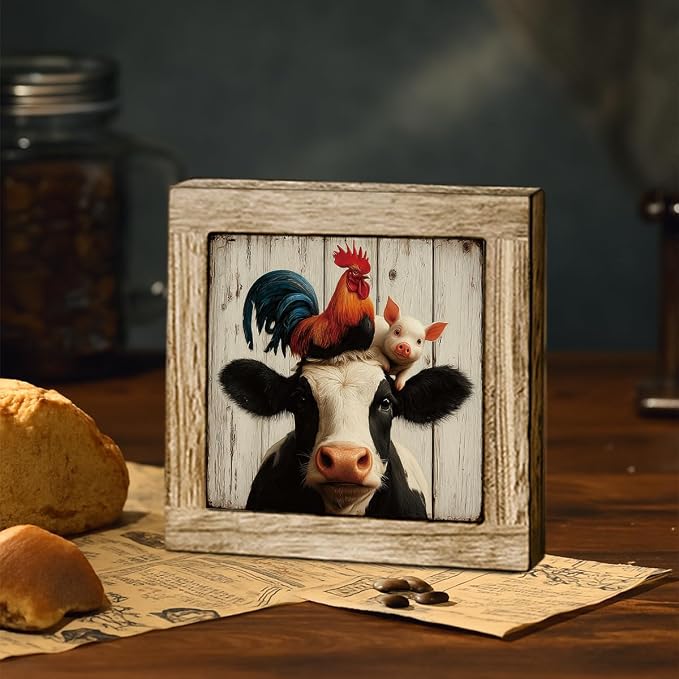 Whimsical Farm Animals Wooden Block Sign - Rooster, Pig, Cow Design, Rustic Farmhouse Decor, Cute Animal Art for Living Room, Kitchen, Bedroom, Gift for Animal Lovers