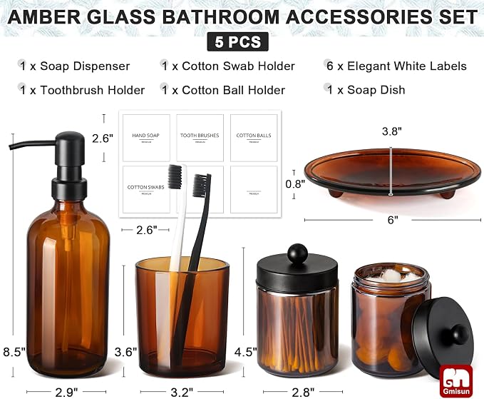 GMISUN Bathroom Accessories Set, 5 Pack Amber Glass Bath Accessory Sets Complete, Brown Soap Dispenser and Toothbrush Holder Bathroom Counter Sink Set with Labels, Rustic Modern Vintage Bathroom Decor