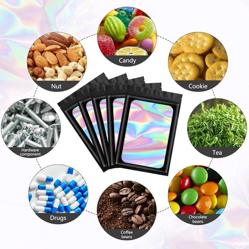 Funfery 100 Pcs Black Holographic Mylar Packaging Bags - Resealable Odor Proof Foil Pouches (4x6 In) | Ideal for Food, Snacks, Jewelry, and More