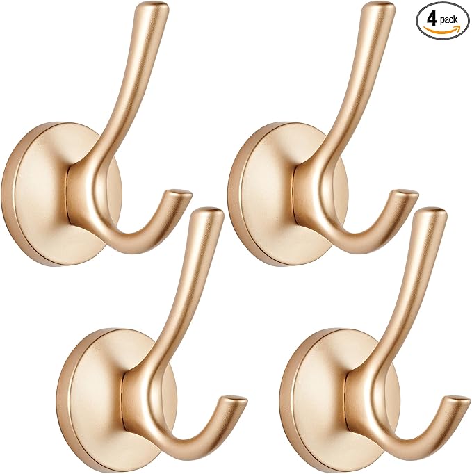 Matte Gold Towel Hooks 4 Pack, Heavy Duty Zinc Alloy Double Prong Coat Robe Hooks, Wall Mounted Towel Hooks for Bathroom, Kitchen, Closet, Garage, Entryway (195gold)