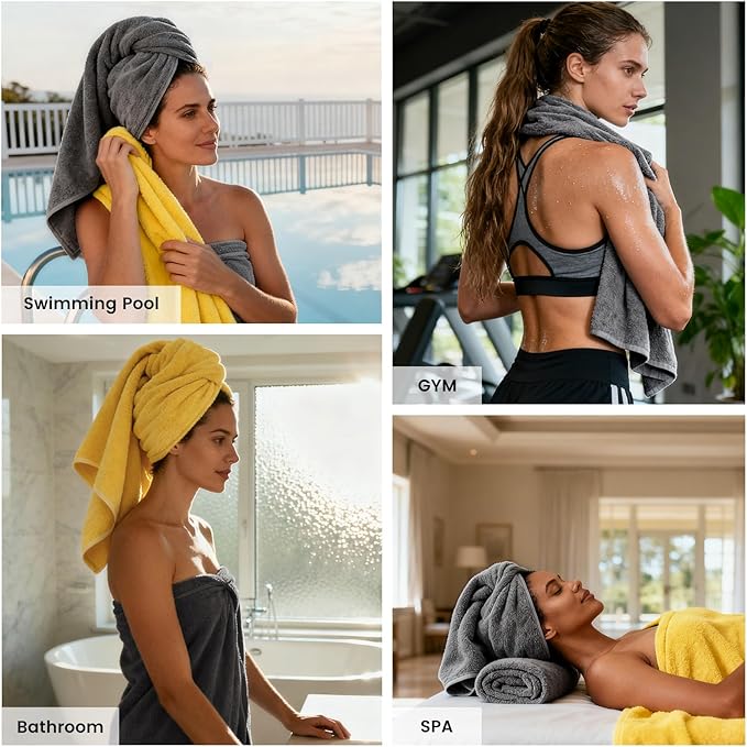SEMAXE Bath Towel Set, 8 Piece Towel Set for Bathroom, Quick Dry Cotton Towels with Hanging Loops, Easy Care, Yellow & Gray