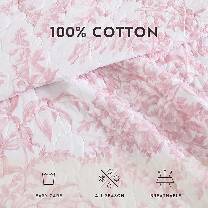 Laura Ashley - Queen Quilt Set, Soft & Reversible Cotton Floral Bedding with a Medium Weight Feel, 3 Piece Bed Set with Matching Pillowcases (Bedford Pink)
