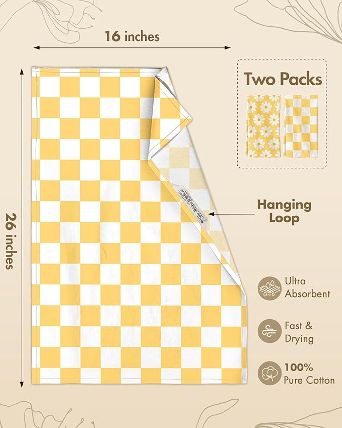 Miss Adola 2 Pack Flour Sack Kitchen Towels - 16x26 Inch Cotton Dish Towels with Hanging Loop Reusable Geometric Modern Retro Tea Towel Absorbent Dishcloths Home Decor, Yellow Daisy