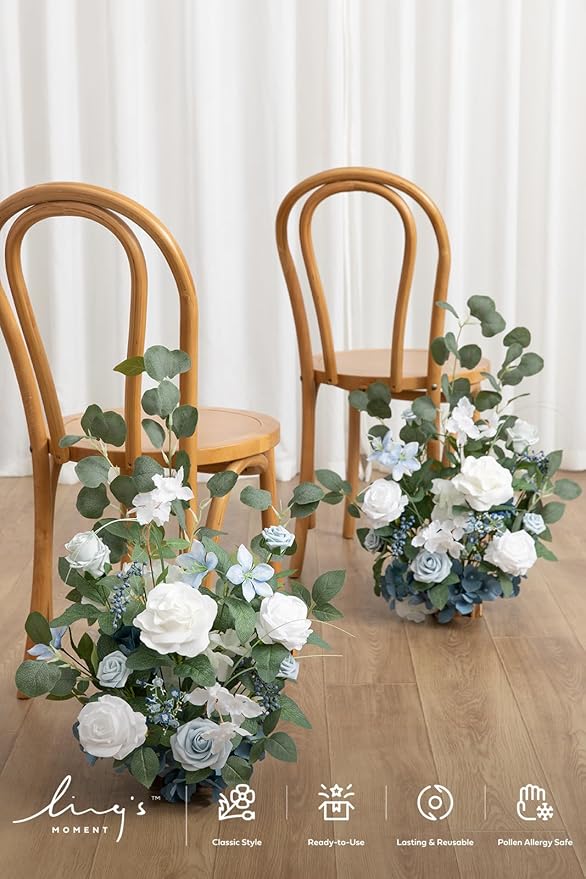 Ling's moment 17.5" Tall Free Standing Artificial Flowers Arrangements 2 pcs Wedding Aisle Runner Chair Decorations Dusty Blue & White Centerpieces for Ceremony Reception Rose Floral Party Outdoor
