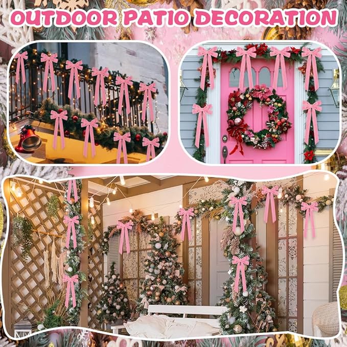 JOICEE 15Pcs Pink Velvet Bows, 5in x 12in Christmas Tree Wreath Bows Rustic Crafts Gift Ribbon Bows for Christmas Decorations Indoor Outdoor Birthday Party Wedding Holiday Decor