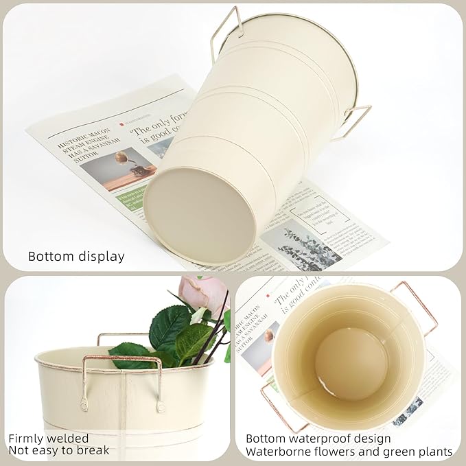 Notakia 12 Inch Large Galvanized Metal Vases Farmhouse French Flower Bucket Vases for Cut Flowers for Home Decor and Wedding Table Centerpiece Decorations (Large Beige 4Pcs)