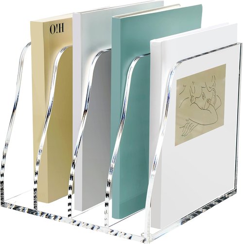 SANRUI Acrylic Desk File Organizer - Clear Magazine Holder with 4 Vertical Compartments for Office Storage