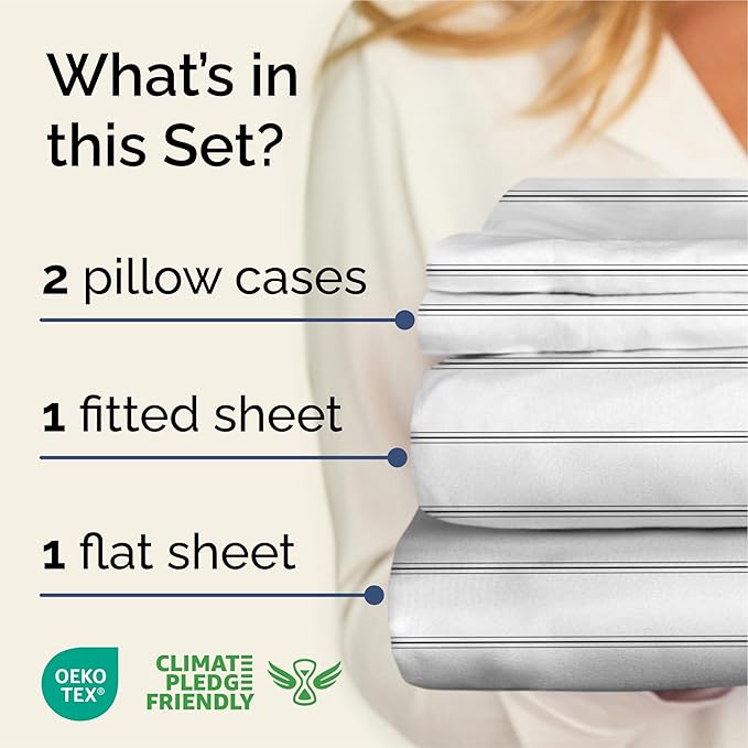 Striped Sheets - Black & White Striped Sheets - 1 Flat & 1 Fitted & 2 Pillowcases w/ Deep Pockets – Wrinkle & Fade Free - Soft, Breathable and Cooling – Luxury Pinstripe Bedding - Queen Size Bed Set