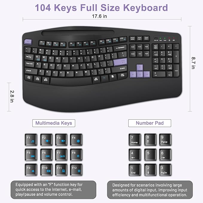 Wireless Keyboard and Mouse Combo, 2.4G Full Size Wave Keys Ergonomic Keyboard with Wrist Rest, Phone Holder, 3-Level DPI Wireless Silent Mouse with 6-Buttons, for Windows, Mac OS (Purple Black)