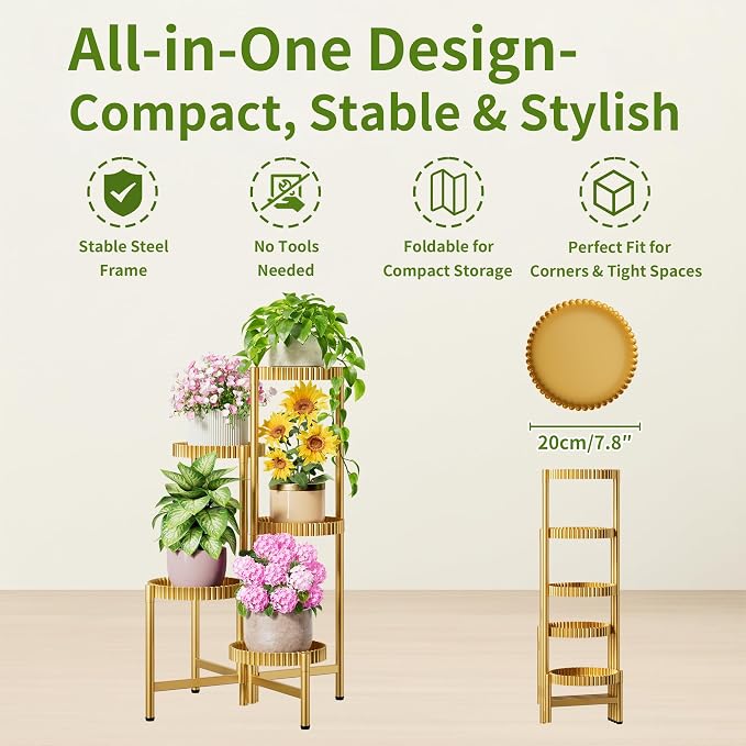 5 Tier Large Plant Stand Indoor, 7.9 Inch Wide Tall Corner Metal Plant Stands Outdoor for Multiple Plants, Foldable Tiered Flower Display Holder Rack Shelf for Patio Porch Balcony -GoldFloroma