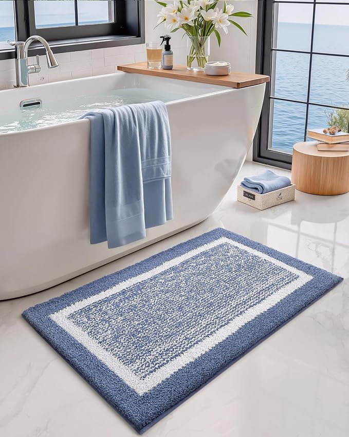 Color&Geometry Simple and Stylish Bathroom Runner Non Slip, 24"x43" Light Blue Bath Runner Rug, Absorbent, Soft, Washable, Microfiber Bath Mat Bathroom Carpet