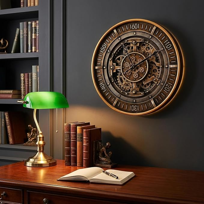 24 Inch Large Real Moving Gears Wall Clock,Vintage Industrial Steampunk Metal Wall Decor with Convex Glass, Silent Non-Ticking Oversized Clock for Living Room, Office(24 Inch Antique Brass Gold)