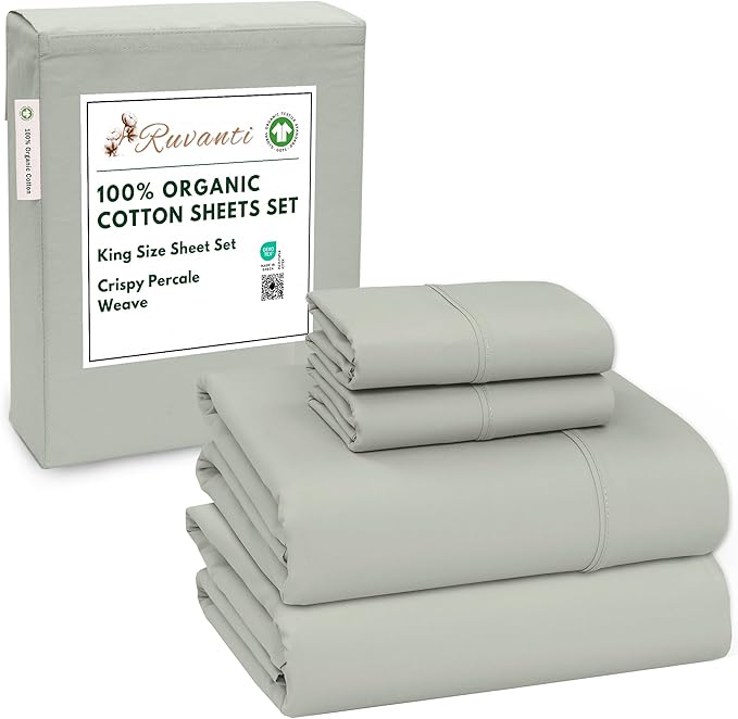 RUVANTI 100% Organic Cotton Sheets King Size, Percale Weave, GOTS Certified, 4-Piece Set, Deep Pocket 15", Crisp & Breathable, Soft Durable Bedding, Sábanas Algodón Orgánico – Mineral Gray