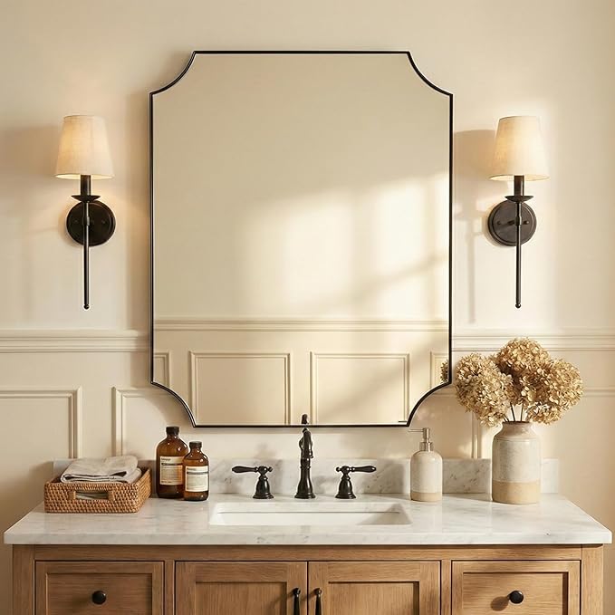 ANDY STAR 24"x30" Scalloped Vanity Mirror, Matte Black Framed Bathroom Mirror, Modern Wall Mirror in Premium Stainless Steel Frame, Aesthetic Scalloped Corner Design, Ideal for Bathroom Remodel