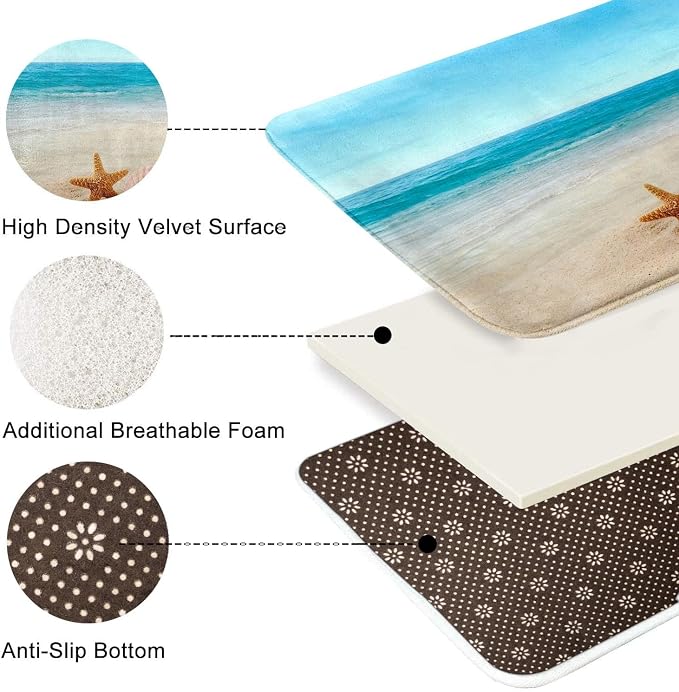 Britimes Bath Mat for Bathroom, Blue Beach Starfish Sea Washable Cover Floor Rug Carpets Floor Mat Bathroom Decorations 18x30 Inches for Kitchen Bedroom Indoor